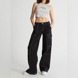 PacSun 90s Y2K Low Rise Puddle ultra Wide Leg Black Skater Cargo Denim Pants S